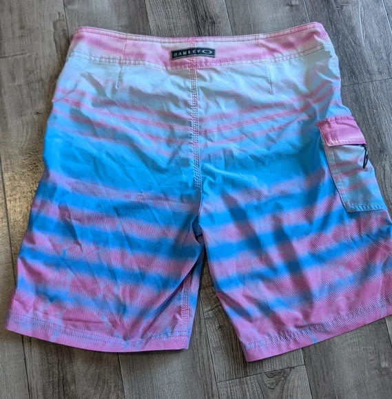 Oakley Pink and Blue Striped Board Shorts - Picture 2 of 3